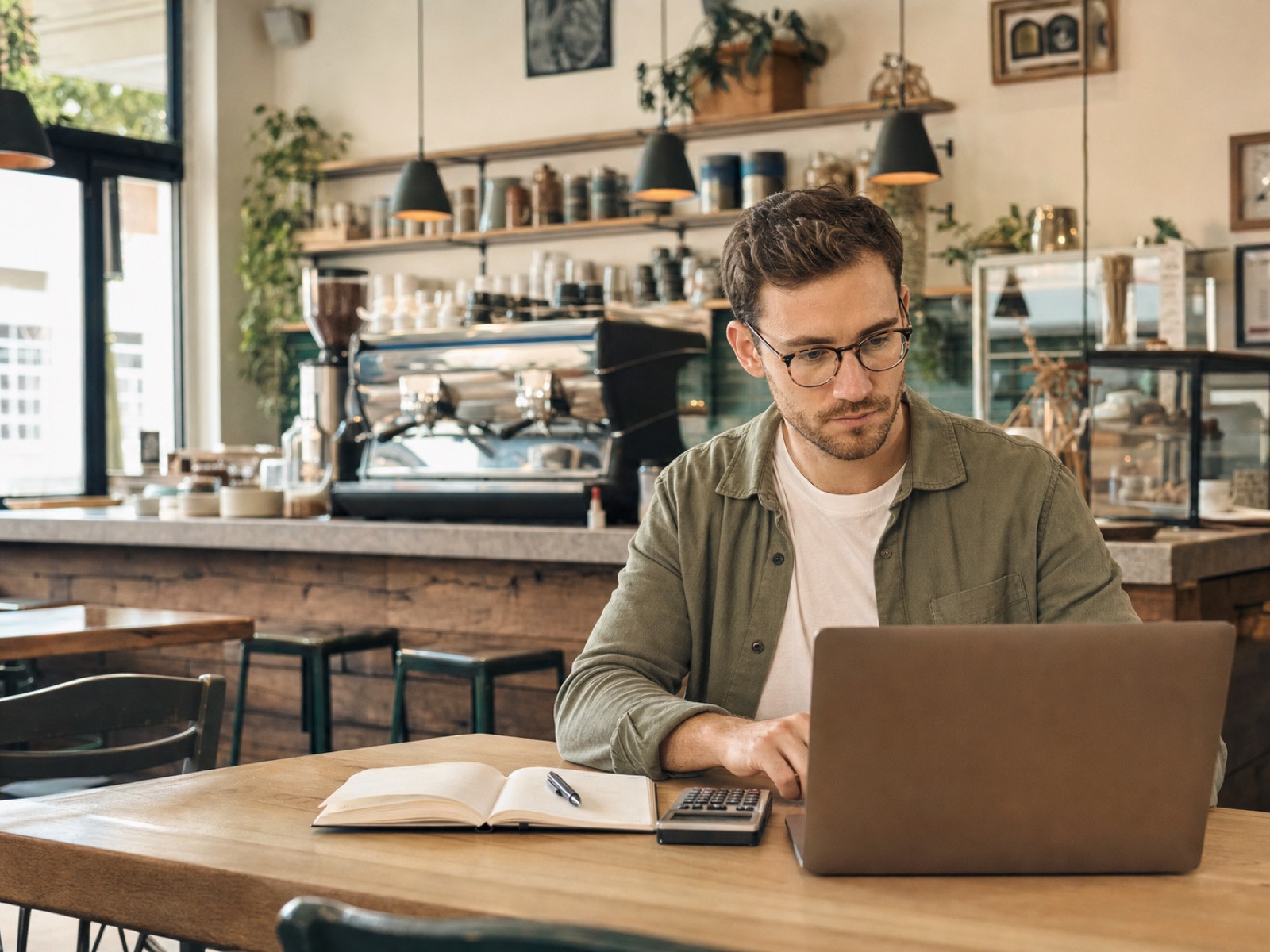 Young independent coffee shop owner wearing glasses and reviewing business numbers on a laptop before opening.